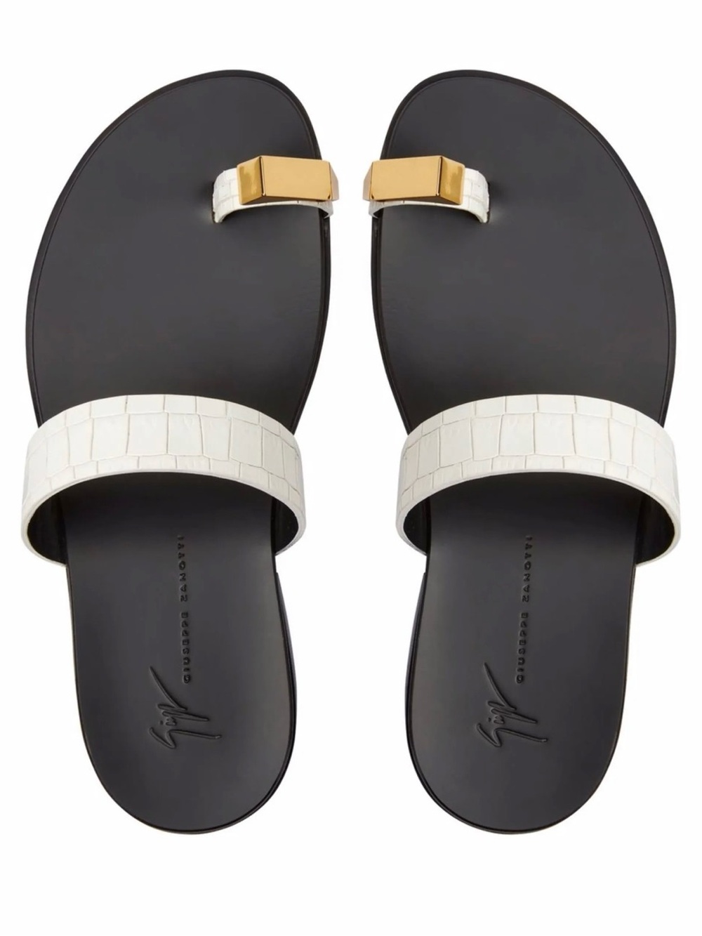 Giuseppe Zanotti Black Footbed White Croc-Embossed Slides with Gold Accent